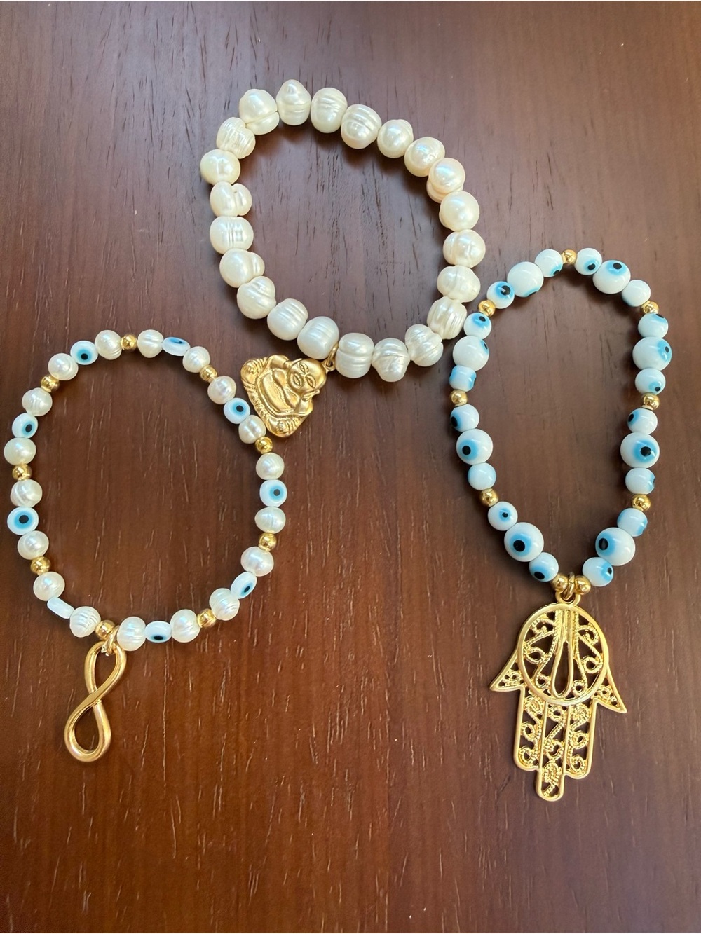 Set of 3 Evil Eye Pearl Gold Charm Stretch Bracelets